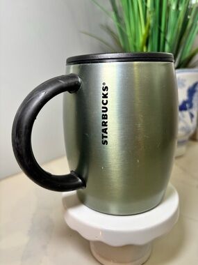 SOLD Starbucks Vintage Brushed Green Barrel Stainless Travel Mug Black Handle